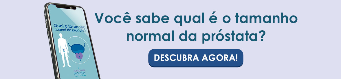 Banner sobre tamanho normal da próstata com ilustração em celular e botão “Descubra agora”.