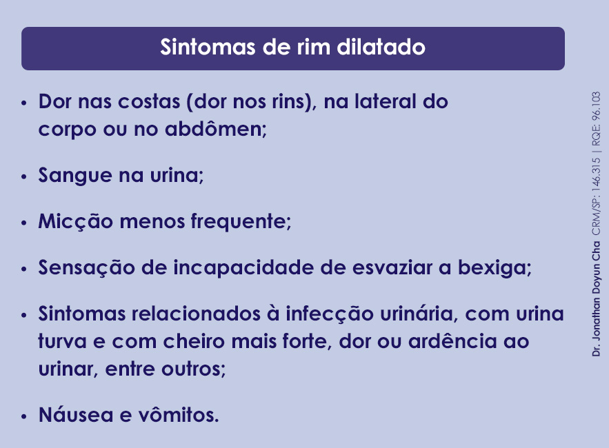 Sintomas de rim dilatado: Dor nas costas (dor nos rins), na lateral do corpo ou no abdômen; Sangue na urina; Micção menos frequente; Sensação de incapacidade de esvaziar a bexiga; Sintomas relacionados à infecção urinária, com urina turva e com cheiro mais forte, dor ou ardência ao urinar, entre outros; Náusea e vômitos. 