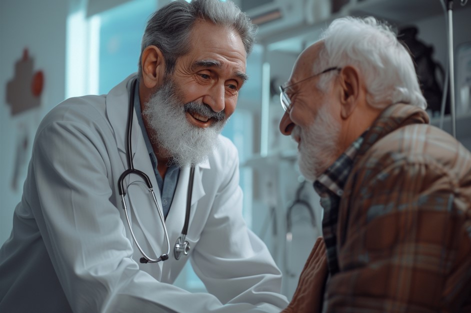 Médico urologista explicando para seu paciente, homem mais velho por volta dos 70 anos, sobre o que é a hiperplasia prostática e como funciona o seu tratamento.