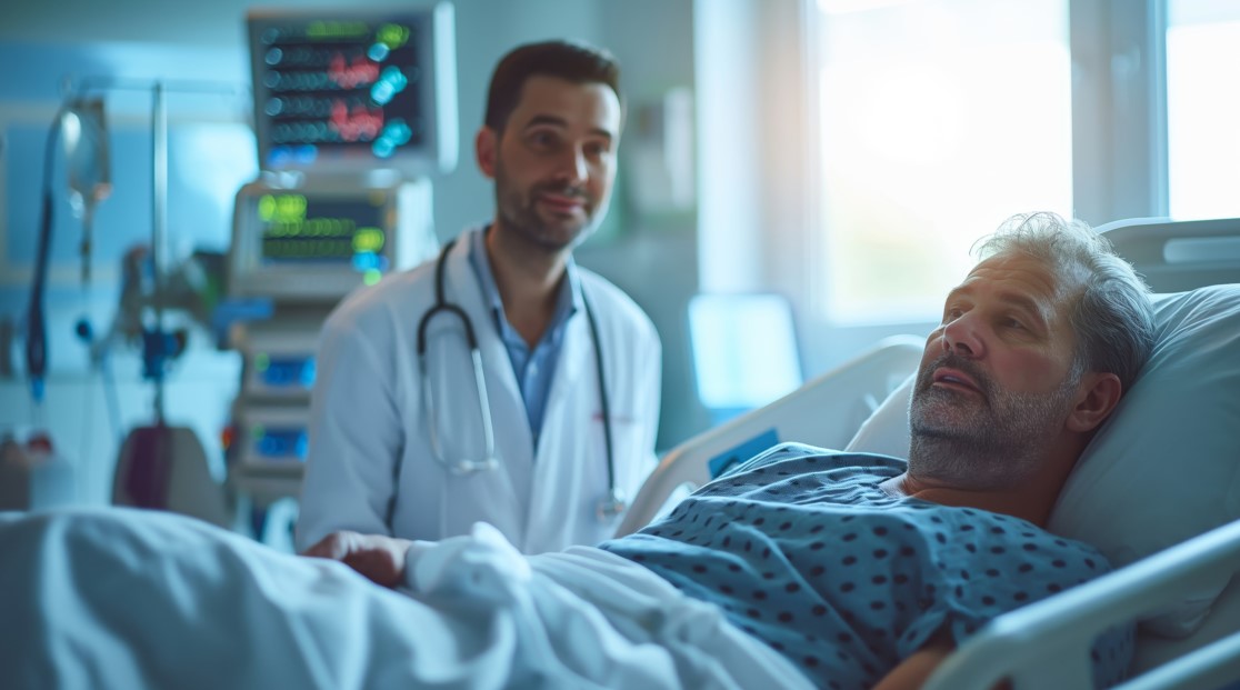 Médico urologista conversando com seu paciente no quarto de hospital após a cirurgia da próstata por robótica.