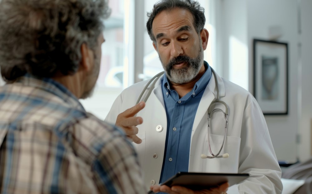 Médico urologista em seu consultório explicando para seu paciente, por volta dos 50 anos, como funciona o procedimento Rezum para próstata e seu preço.