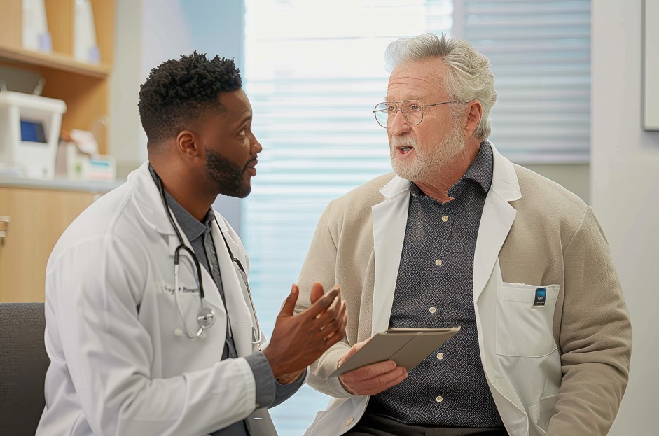 Médico urologista explicando para seu paciente, homem por volta dos 65 anos, sobre qual o tamanho normal da próstata aos 65 anos.