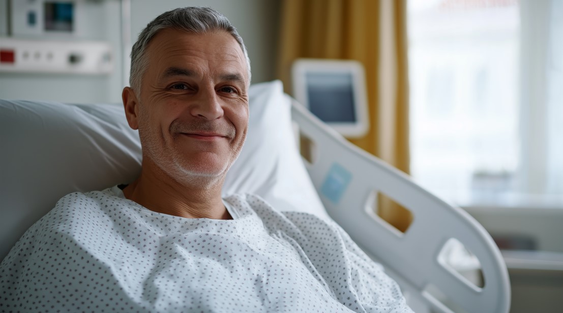 Homem de meia-idade está sorrindo confortavelmente enquanto descansa em uma cama de hospital. O ambiente sugere que ele está em recuperação, possivelmente após um tratamento para próstata aumentada com Rezum.