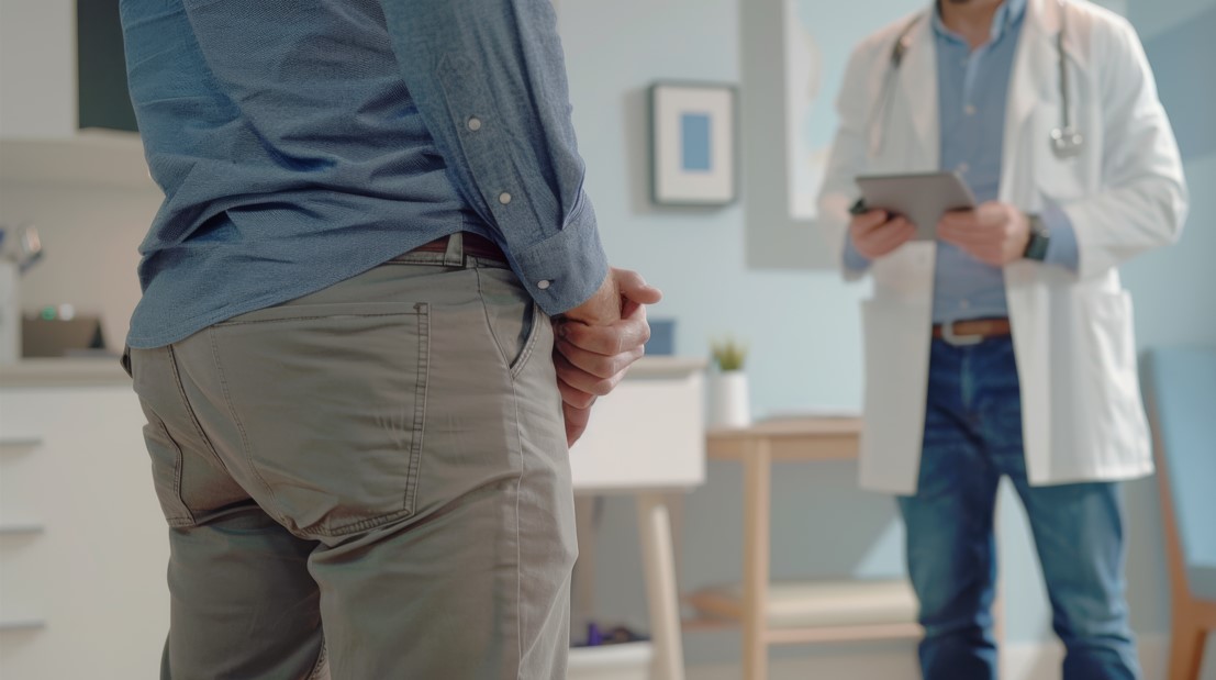 Um homem em pé em uma sala de consultas, segurando uma mão atrás das costas em uma postura que sugere desconforto ou ansiedade. Ele está sendo observado por um médico, que, de pé ao fundo, segura um tablet e parece estar em uma consulta. O cenário sugere um ambiente médico moderno, como o encontrado no Hospital Albert Einstein em São Paulo, onde a expertise de um urologista especializado é fundamental.