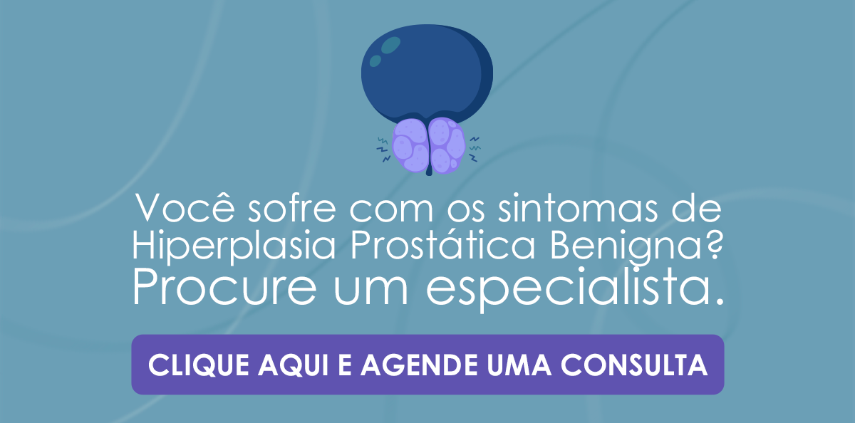 Banner informativo sobre Hipertrofia Prostática Benigna, com ilustração da próstata, texto orientando a procurar um especialista e botão “Clique aqui e agende uma consulta”.
